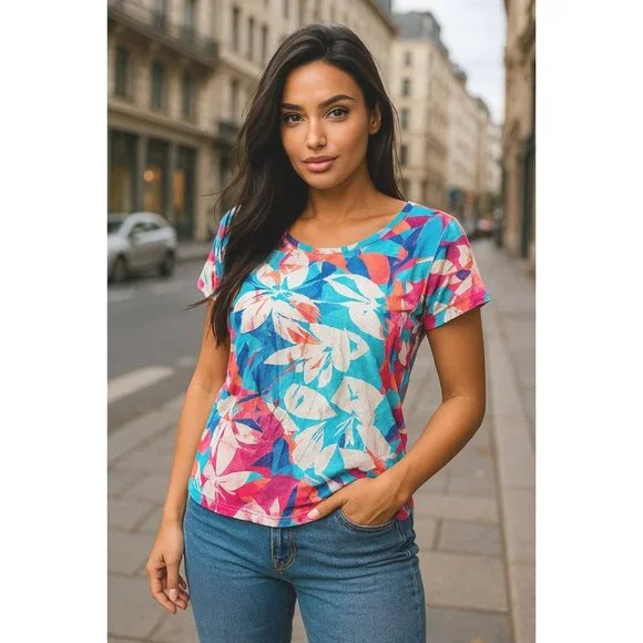 T By Talbots Size Small Multicolor Rayon Cotton Tee Floral Print City Casual Tee - Picture 1 of 12